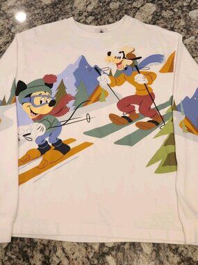 Mickey Mouse Goofy Disney Skiing Winter Long Sleeve Shirt Size M